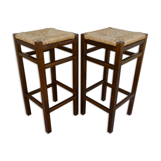 Pair of high stools, bar, wooden with mulched seats