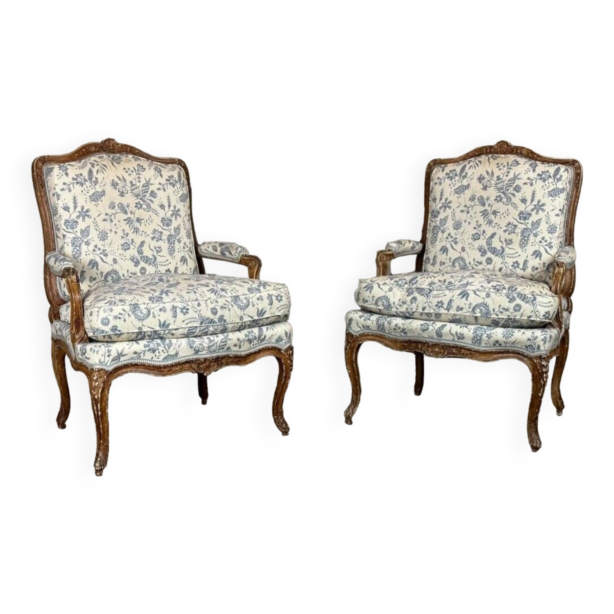 Pair Of Louis XV Queen Armchairs In Carved And “chené” Wood, 18th Century
