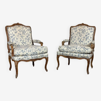 Pair Of Louis XV Queen Armchairs In Carved And “chené” Wood, 18th Century