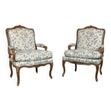 Pair Of Louis XV Queen Armchairs In Carved And “chené” Wood, 18th Century