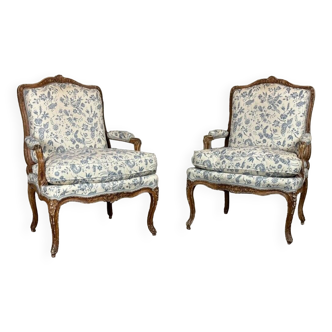Pair Of Louis XV Queen Armchairs In Carved And “chené” Wood, 18th Century