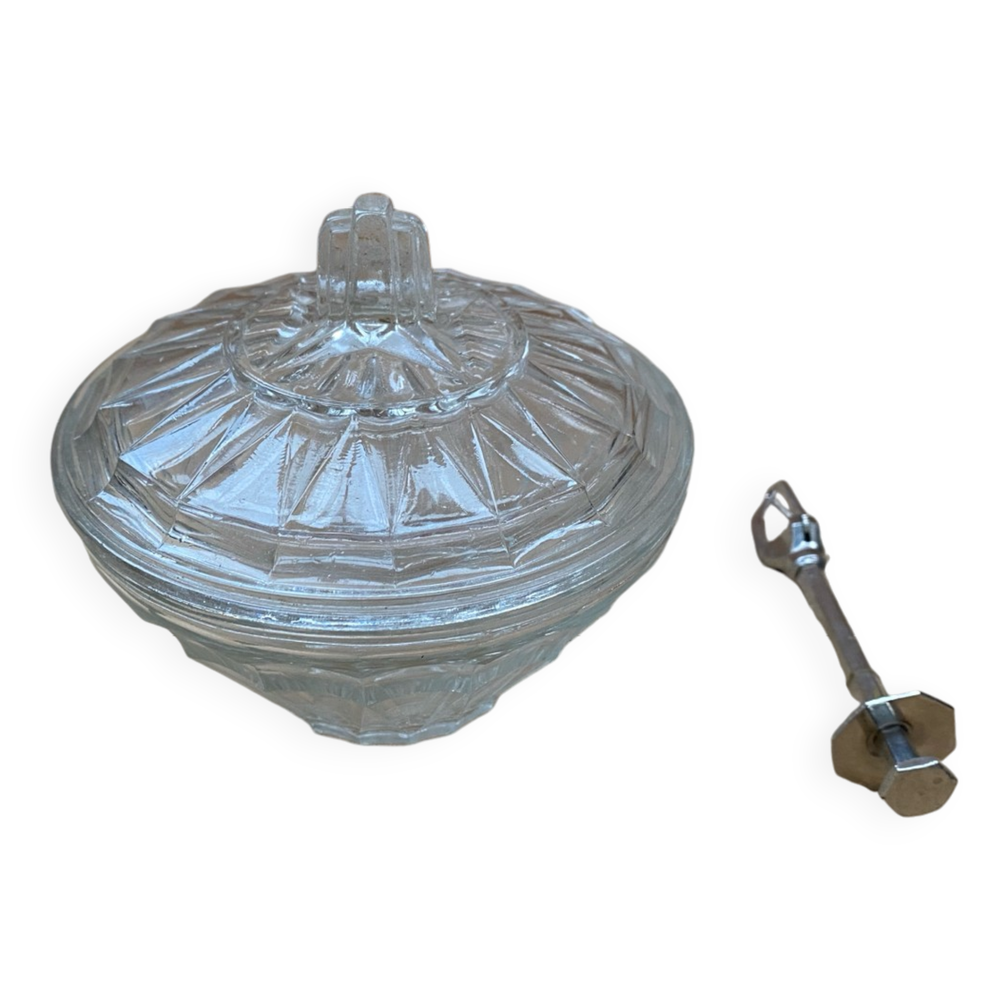 Old Molded Glass Candy Box + Sugar Tongs