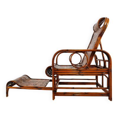 Chaise de jardin, chaise longue en rotin et bambou, années 1950