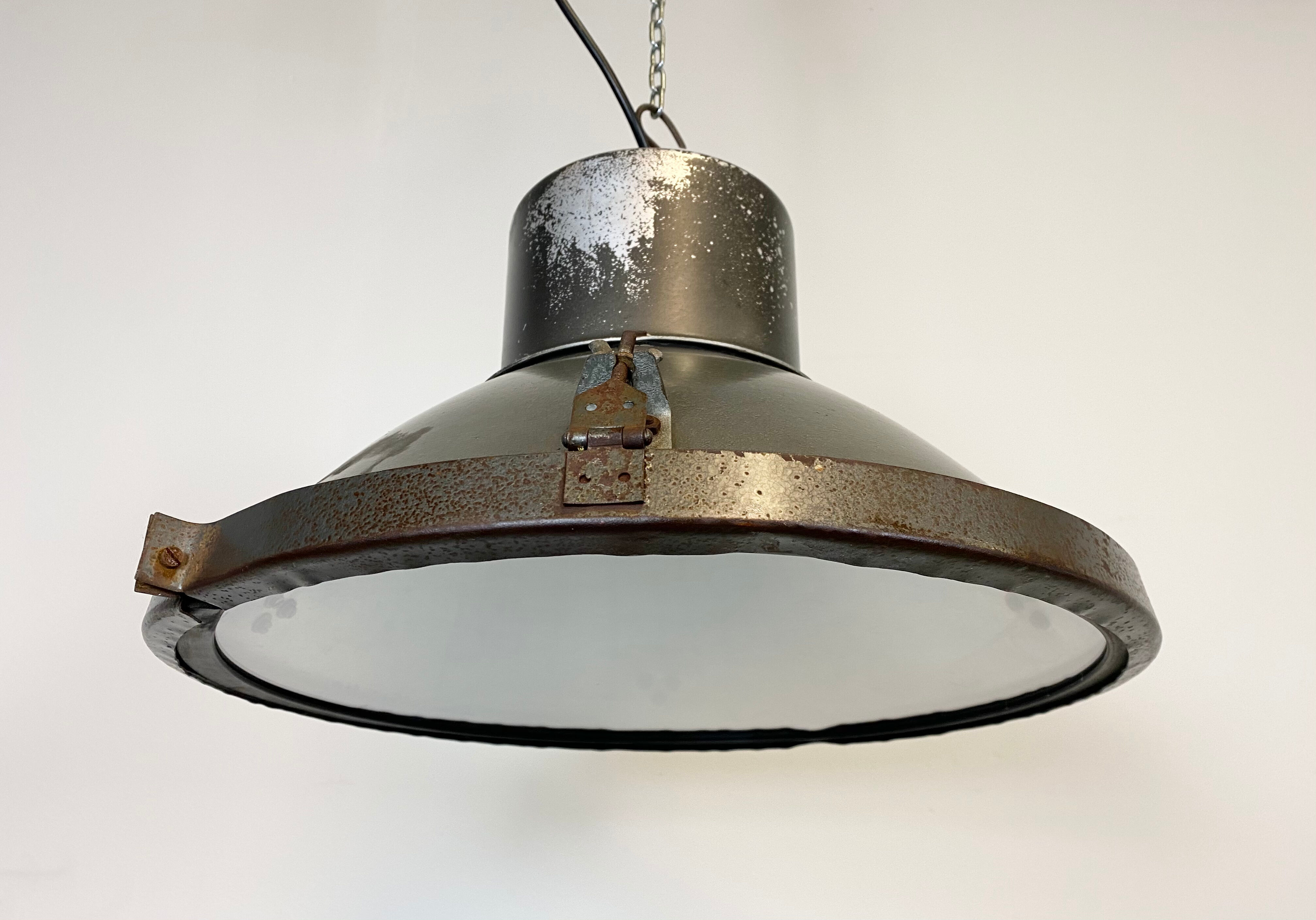 Industrial aluminium factory lamp with glass cover, 1960s
