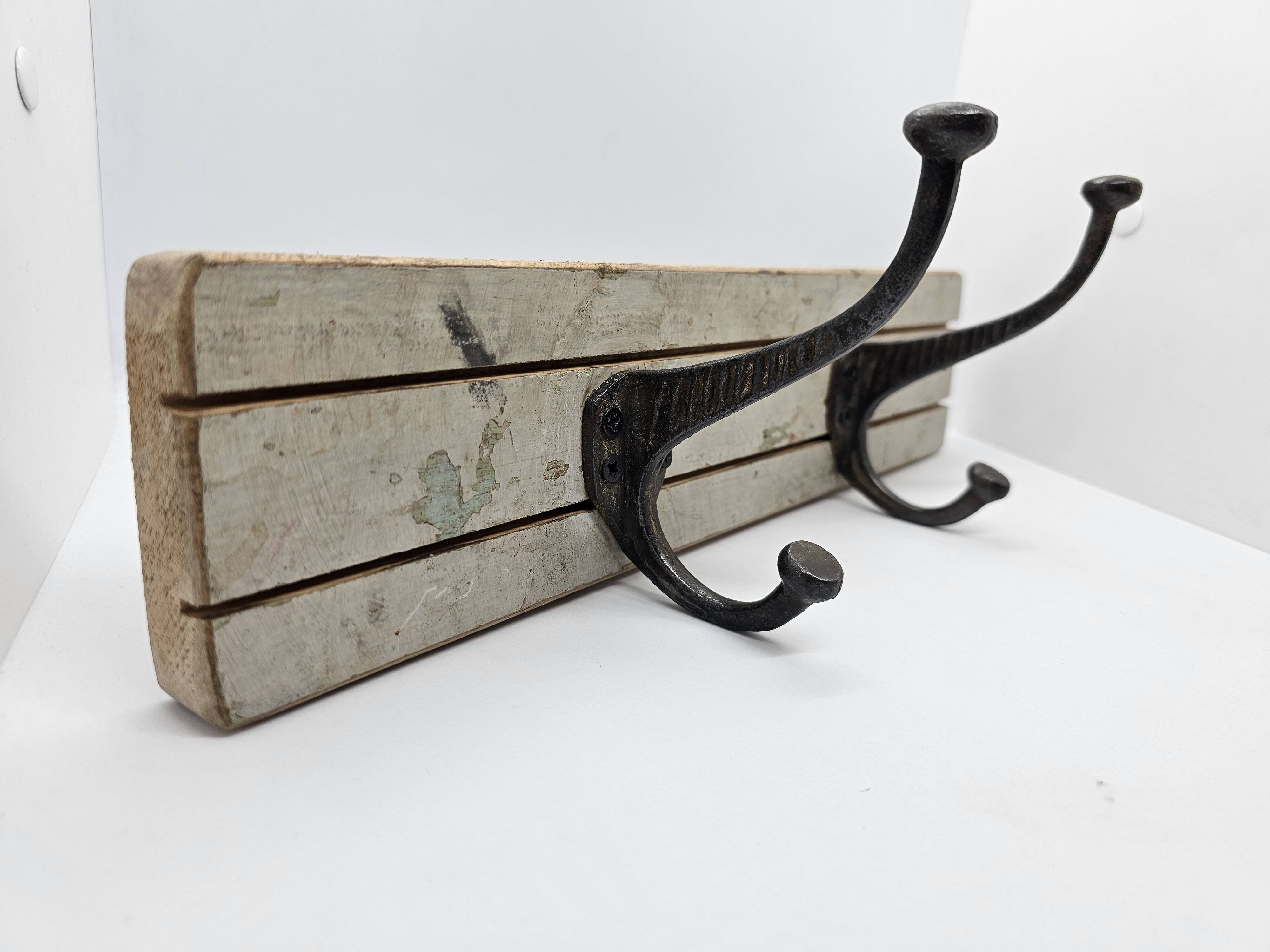Solid teak coat hook with 2 double cast iron hooks