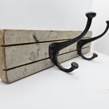 Solid teak coat hook with 2 double cast iron hooks