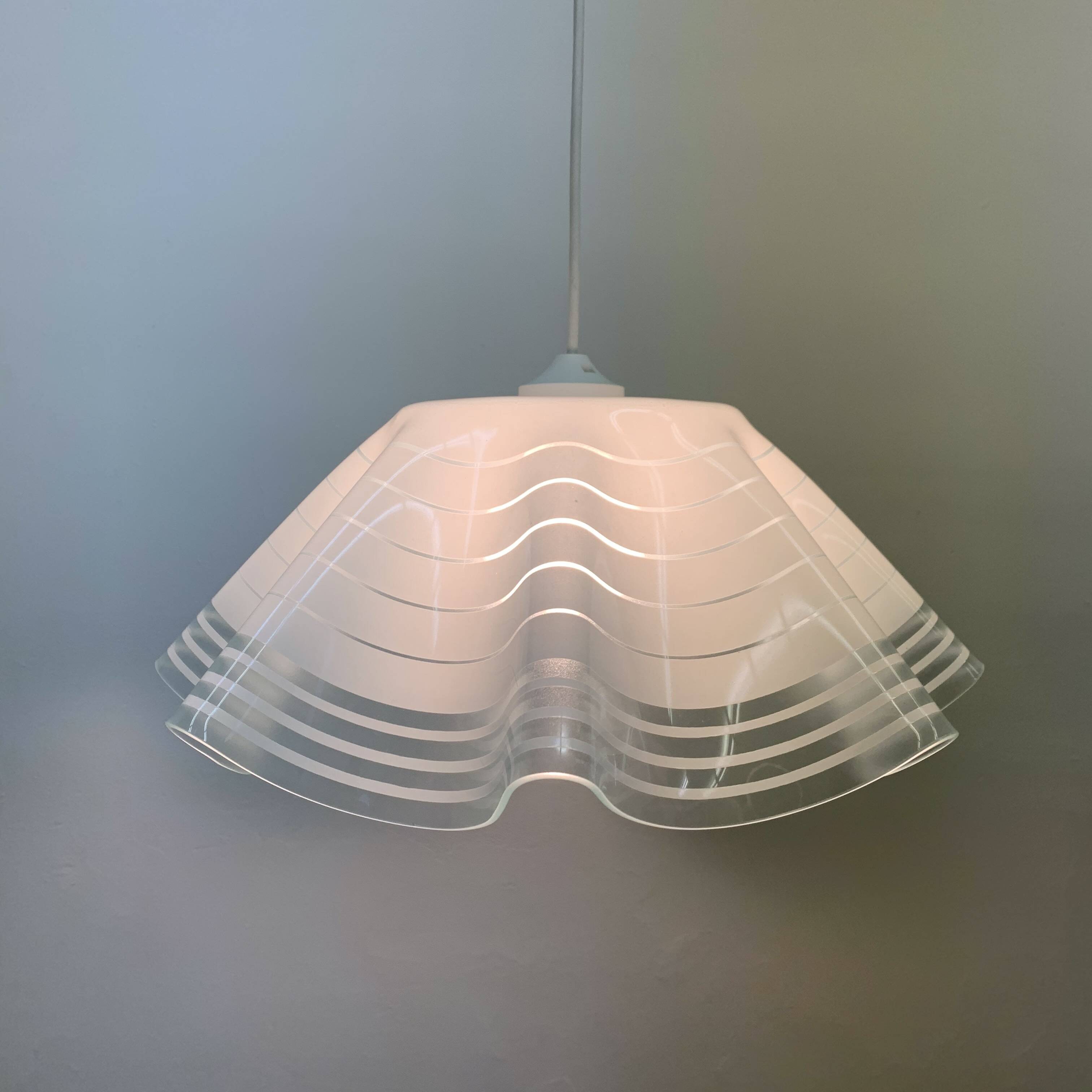 Mid-century minimalist folded glass hanging lamp, 1980’s