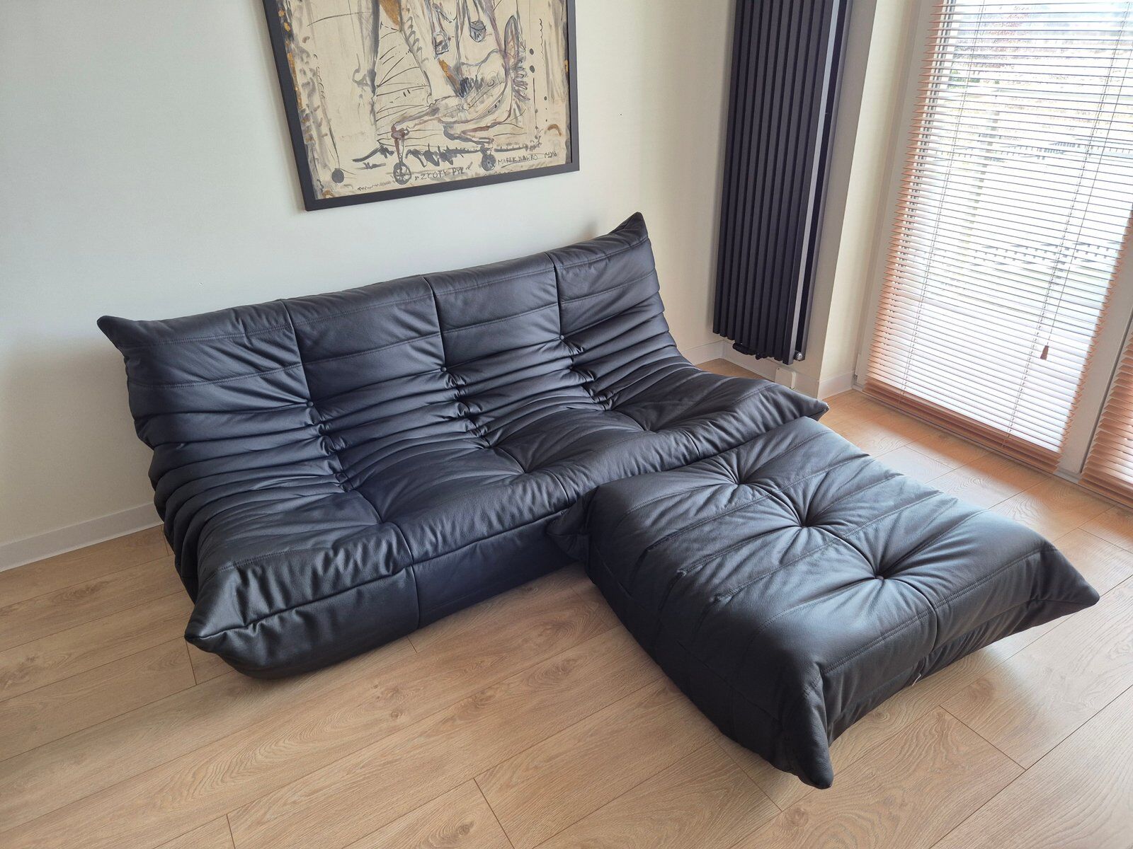 Togo sofa with pouf in black leather by Michel Ducaroy for Ligne Roset, set of 2