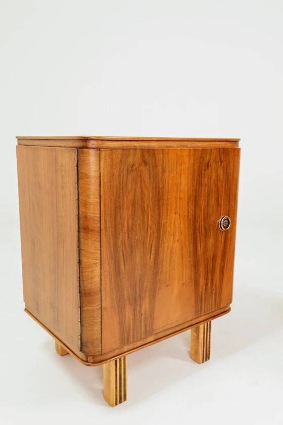 Pair of antique Art Deco bedside tables, walnut veneer, refurbished