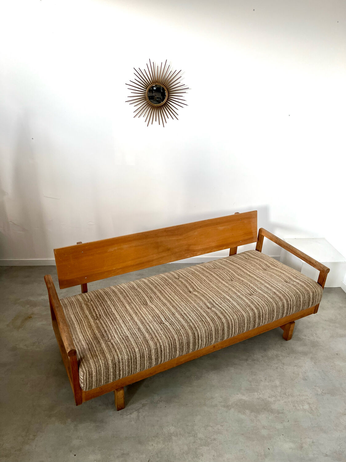 Old wooden sofa vintage brutalist design 60s