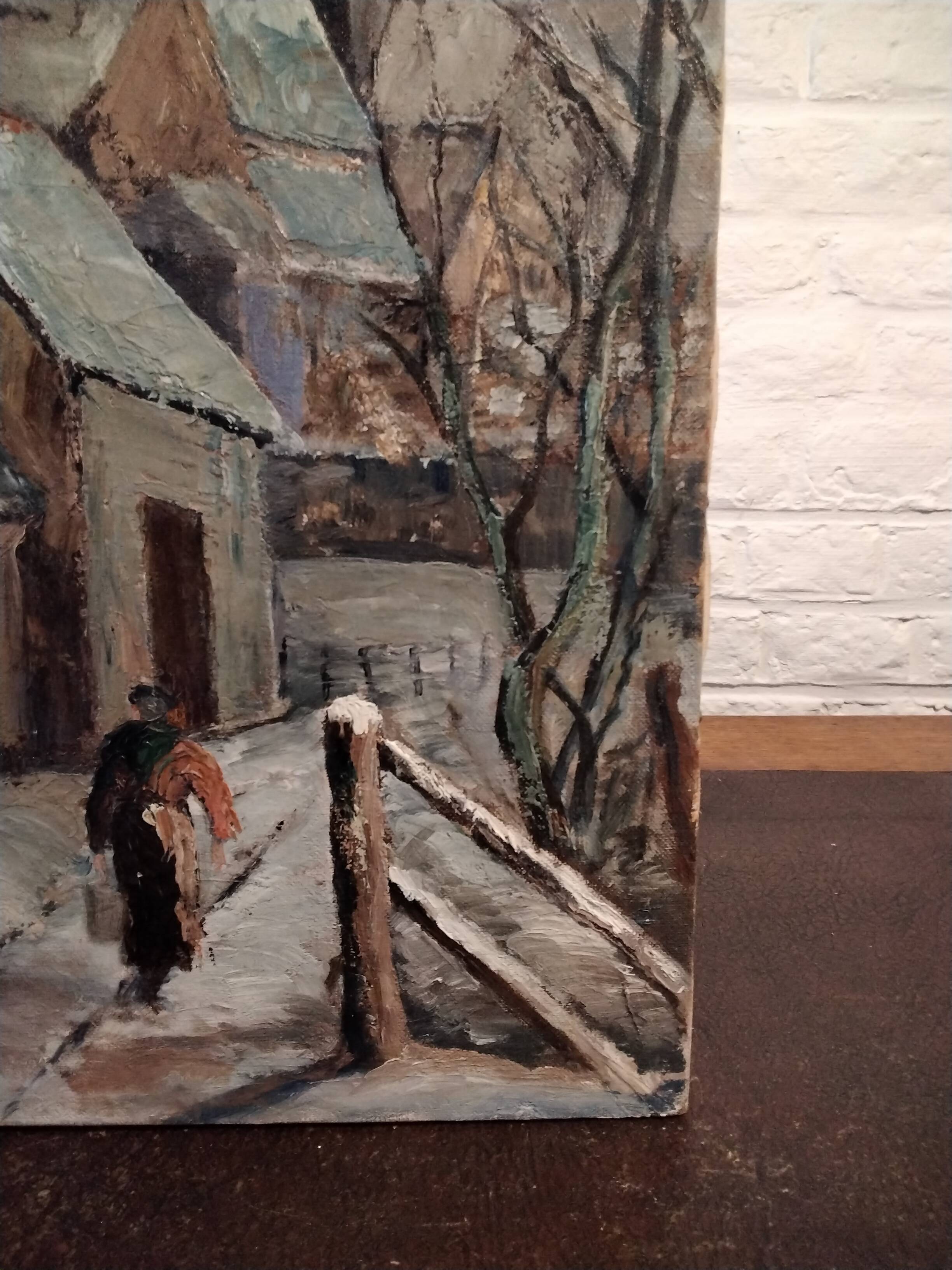 Oil on canvas landscape of a snowy cottage