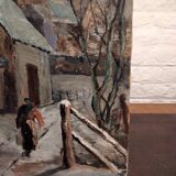 Oil on canvas landscape of a snowy cottage