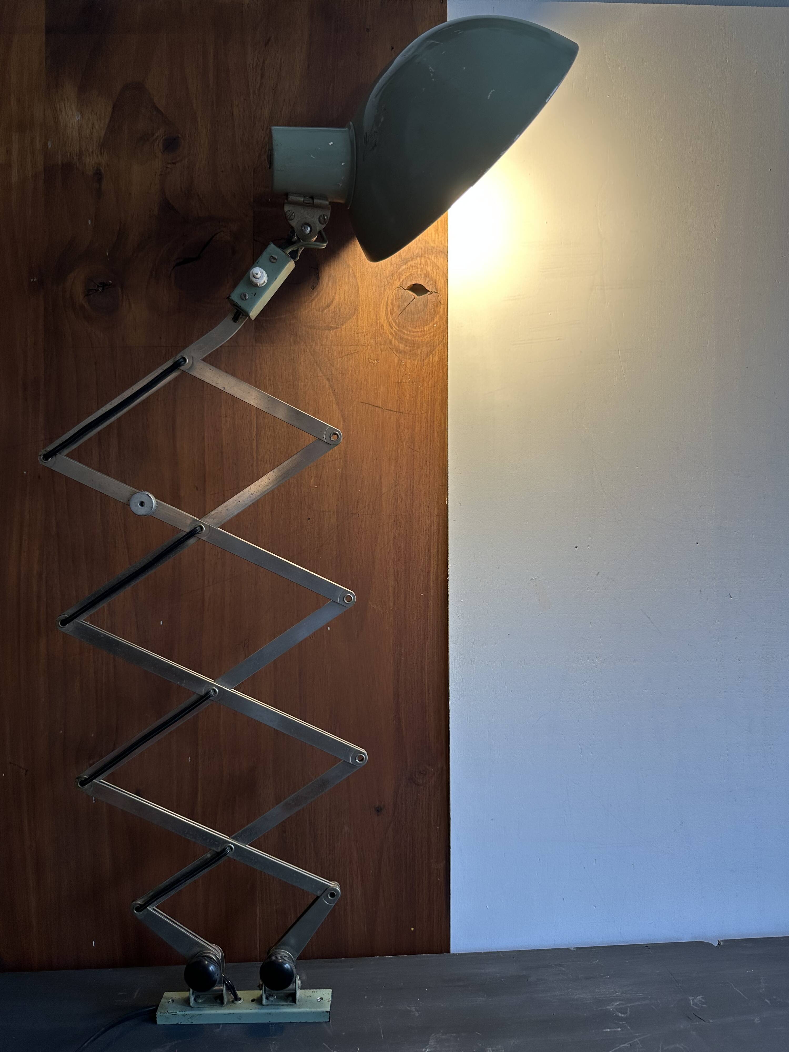 Old extendable accordion lamp in celadon green, workshop spirit.