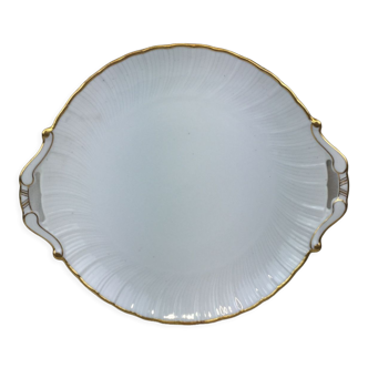 Old round dish in white and white gold with handles made in France Limoges
