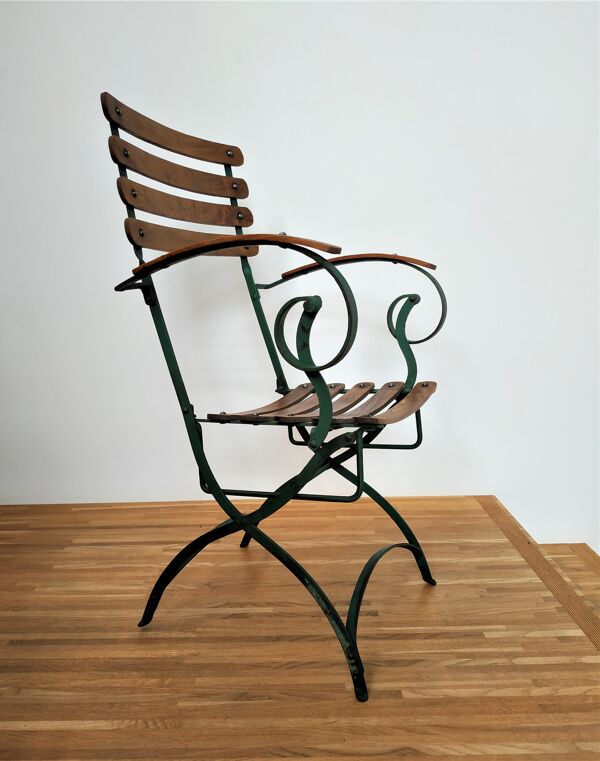 Fauteuil pour jardin d'hiver ou véranda, début 20éme teck et fer forgé