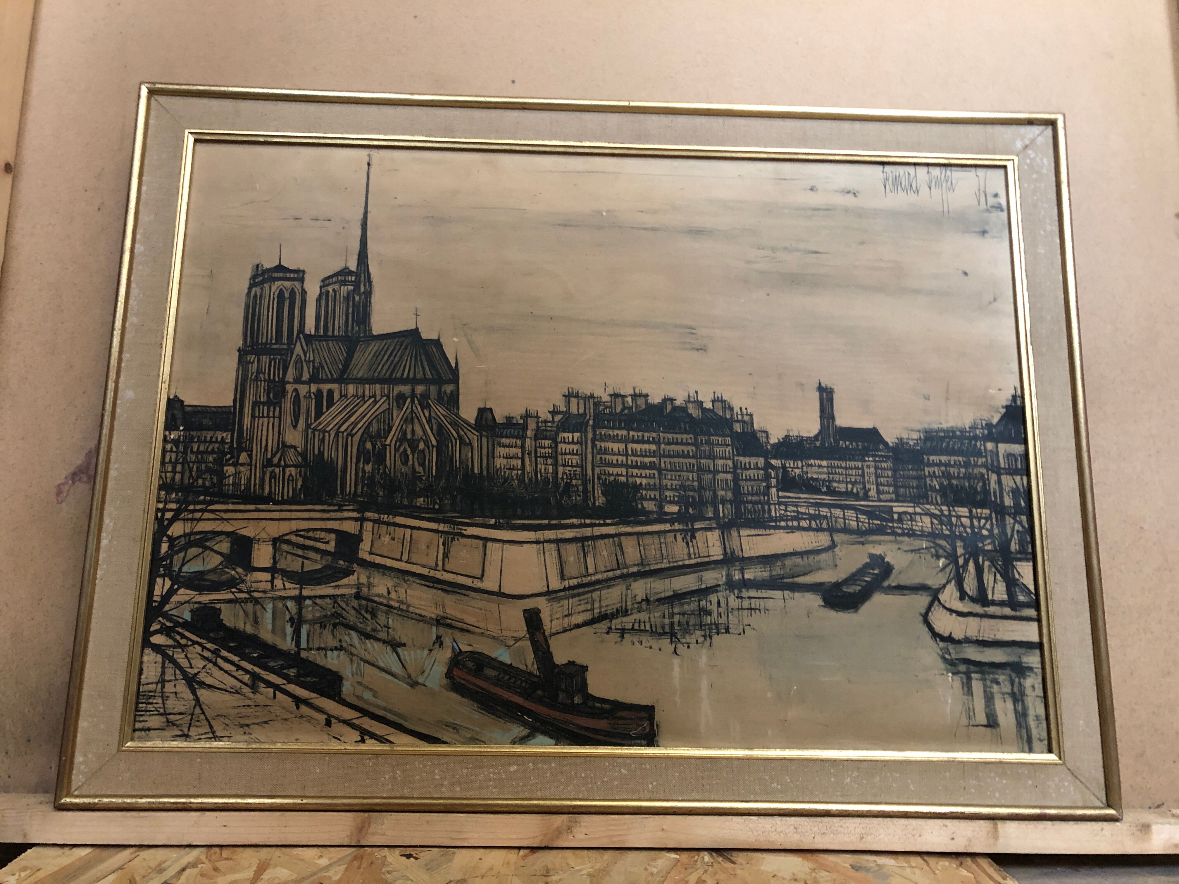Old painting on canvas buffet 56 Notre Dame Paris + vintage wooden frame