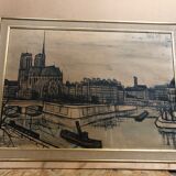 Ancien tableau tirage sur toile buffet 56 notre dame paris + cadre bois vintage