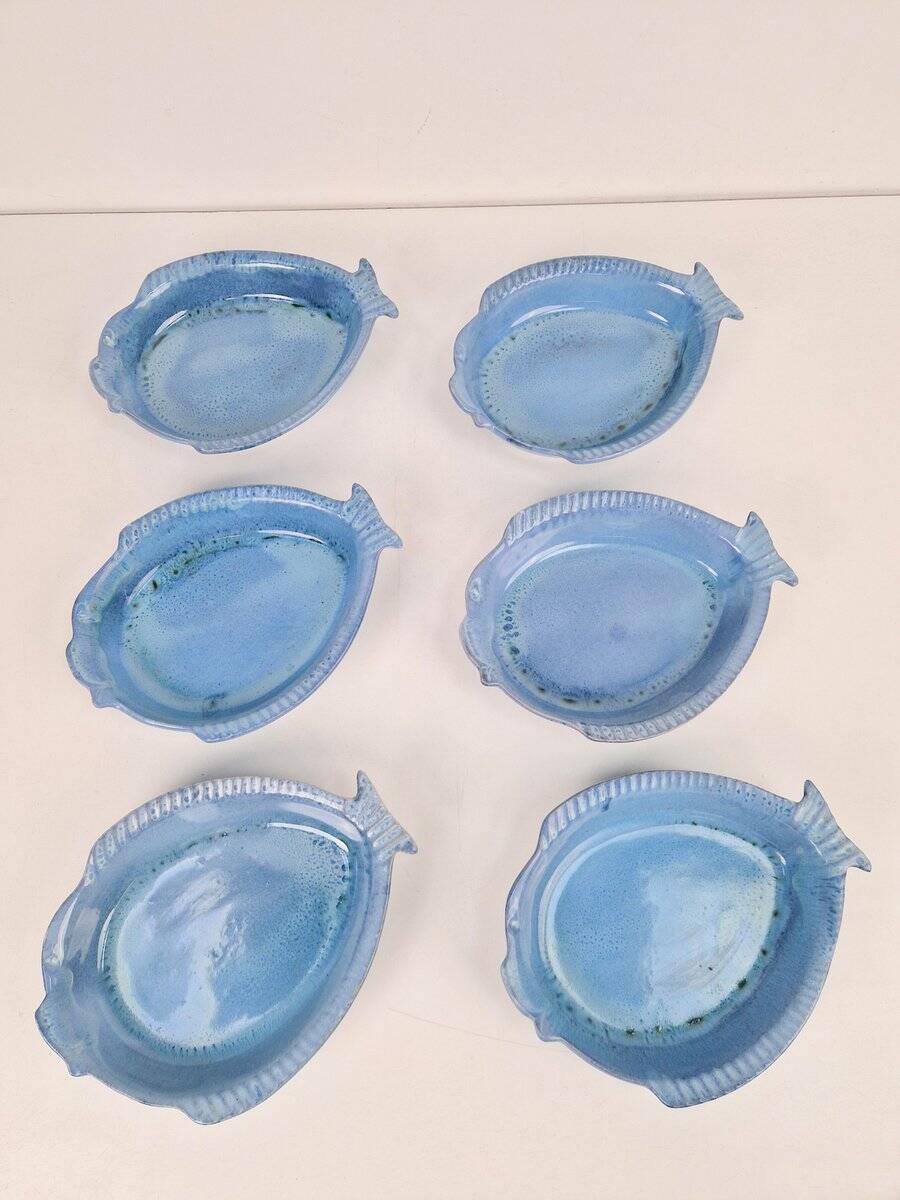 Assiettes en céramique bleue en forme de poisson par Aimé De Grimaud, France, 1970, ensemble de 6.