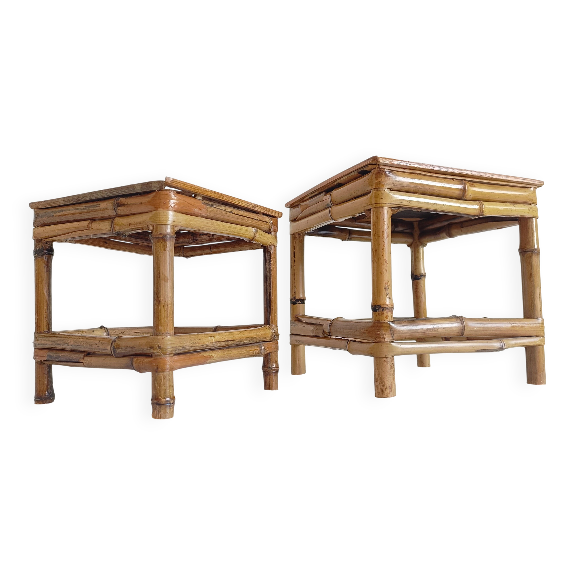 1950s Mid-Century French Bamboo and Wood Plant Pedestals, Hand-Crafted
