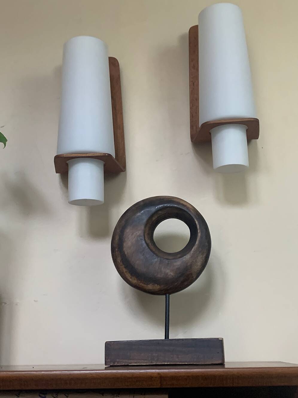 Vintage Scandinavian teak and opaline wall lights