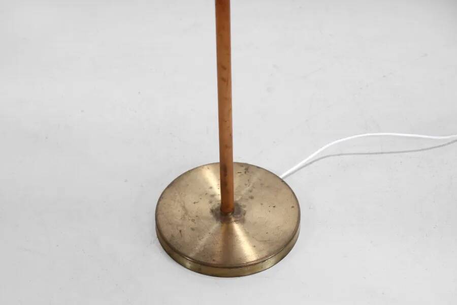 Paavo Tynell style floor lamp in brass and leather with linen shade