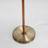 Paavo Tynell style floor lamp in brass and leather with linen shade