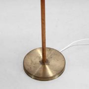 Paavo Tynell style floor lamp in brass and leather with linen shade