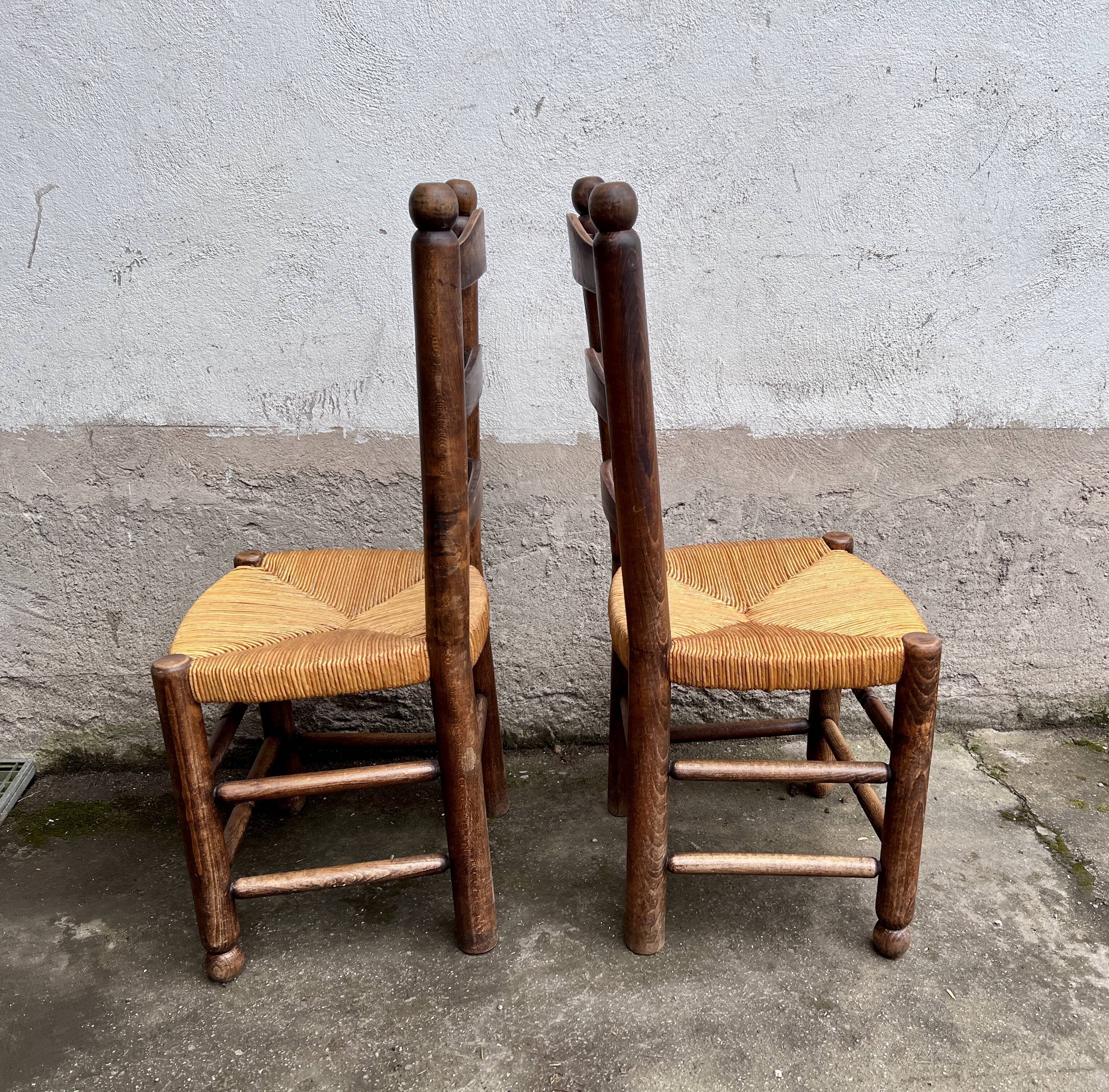 Pair of vintage Brutalist chairs made of wood and straw