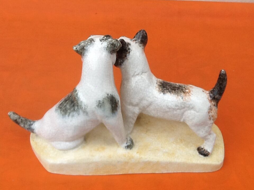 Zoomorphic sculpture cracked ceramic fox terrier dogs