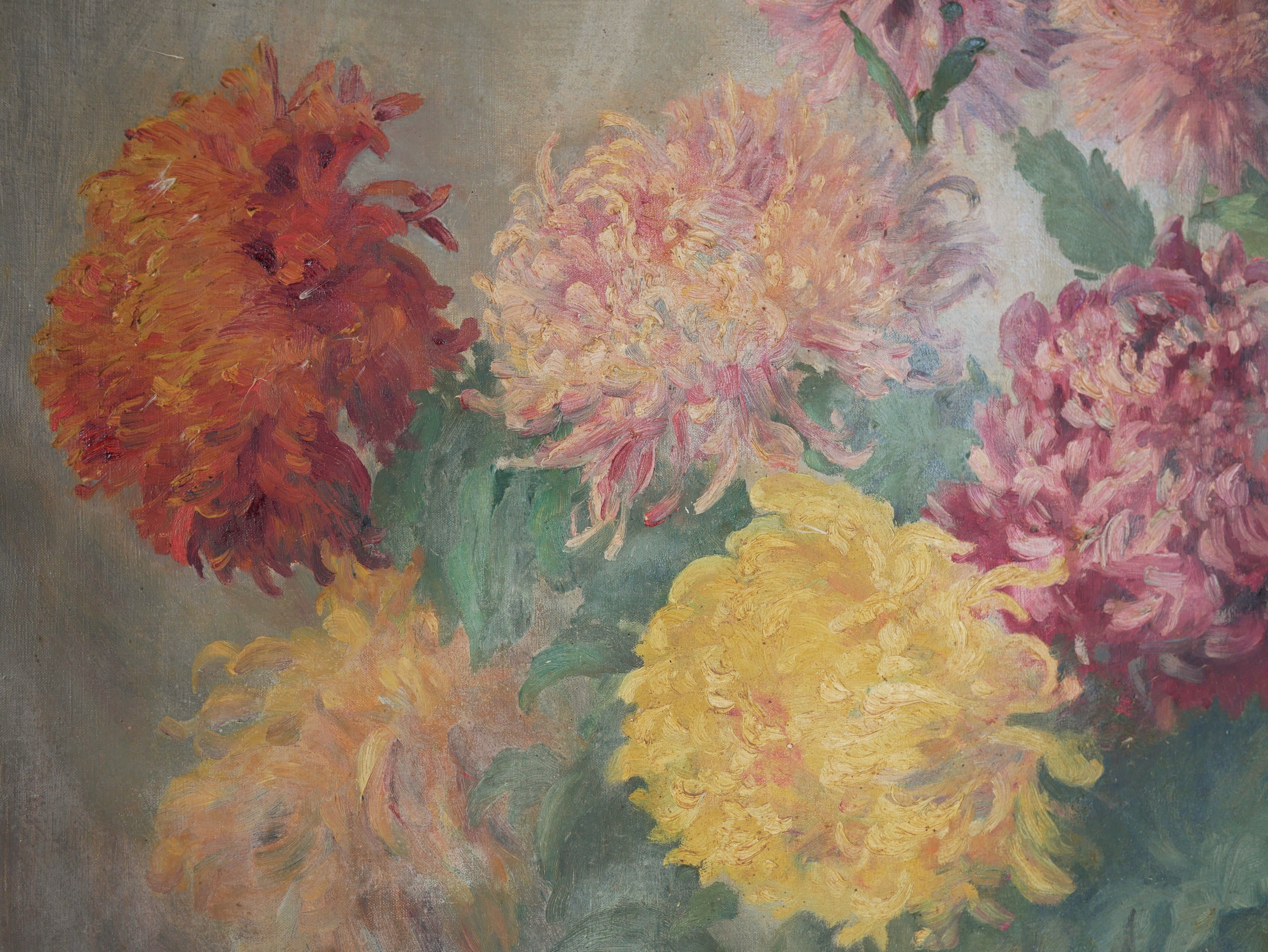 Table flowers oil on vintage canvas