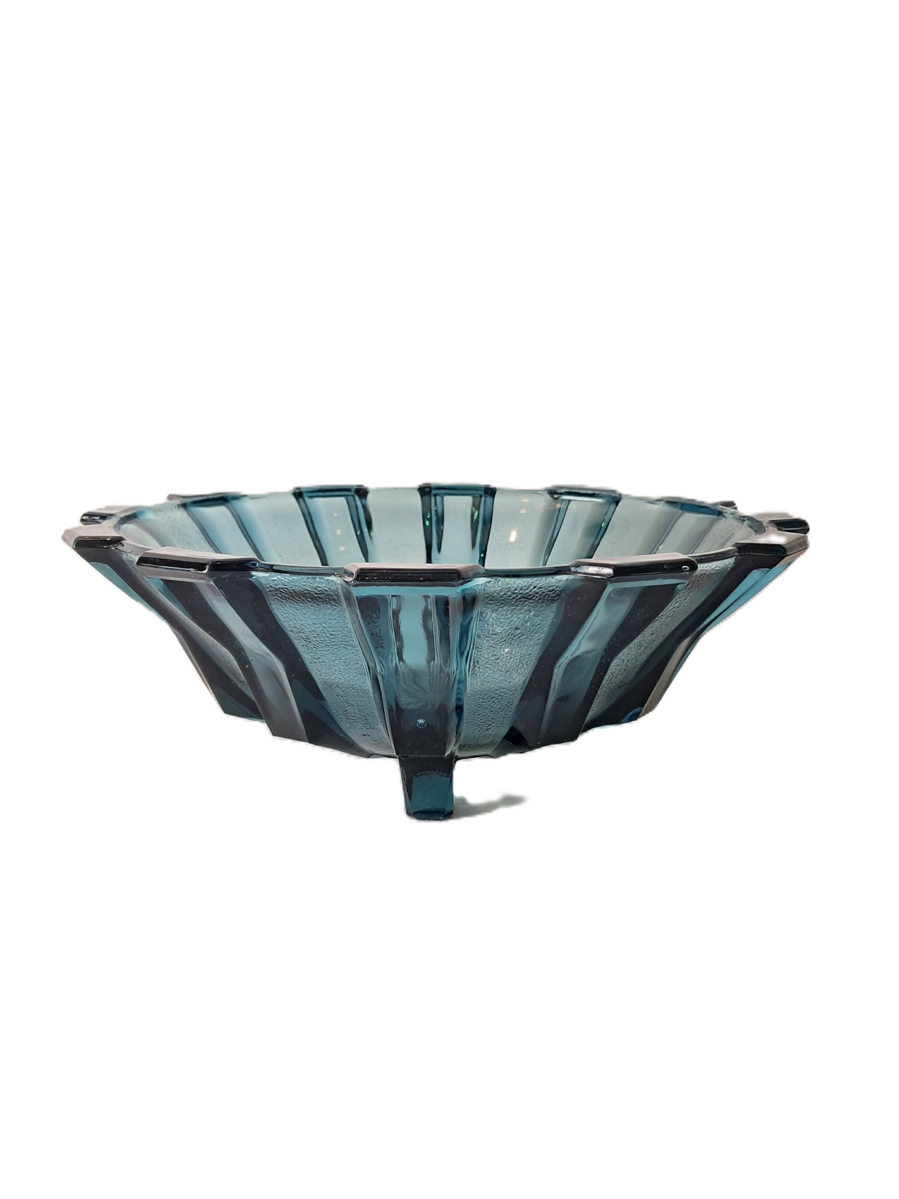 Art Deco Style Geometric Blue Glass Bowl (By Scailmont)