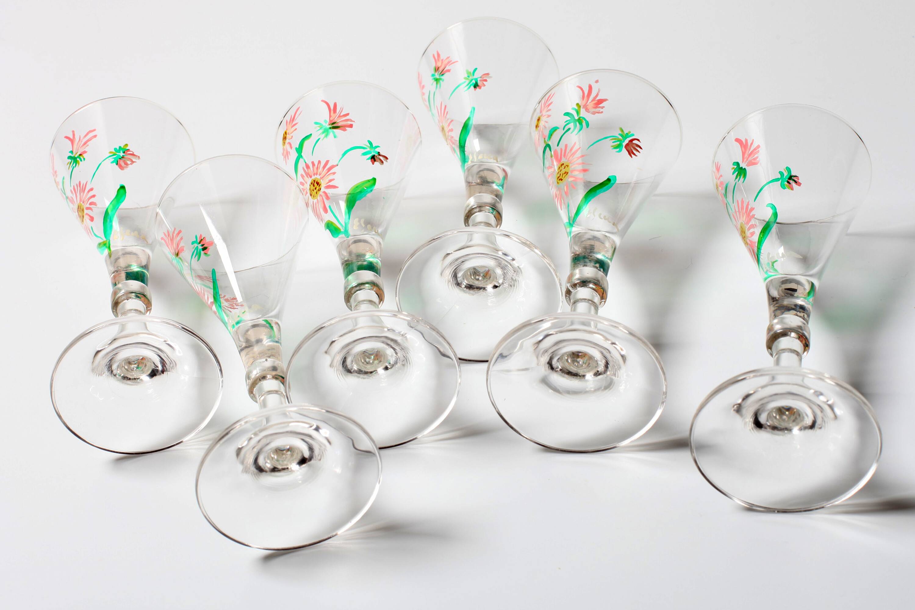 Set of 6 Mid-century Rare Floral Design Champagne Flutes / Italy / 1960s