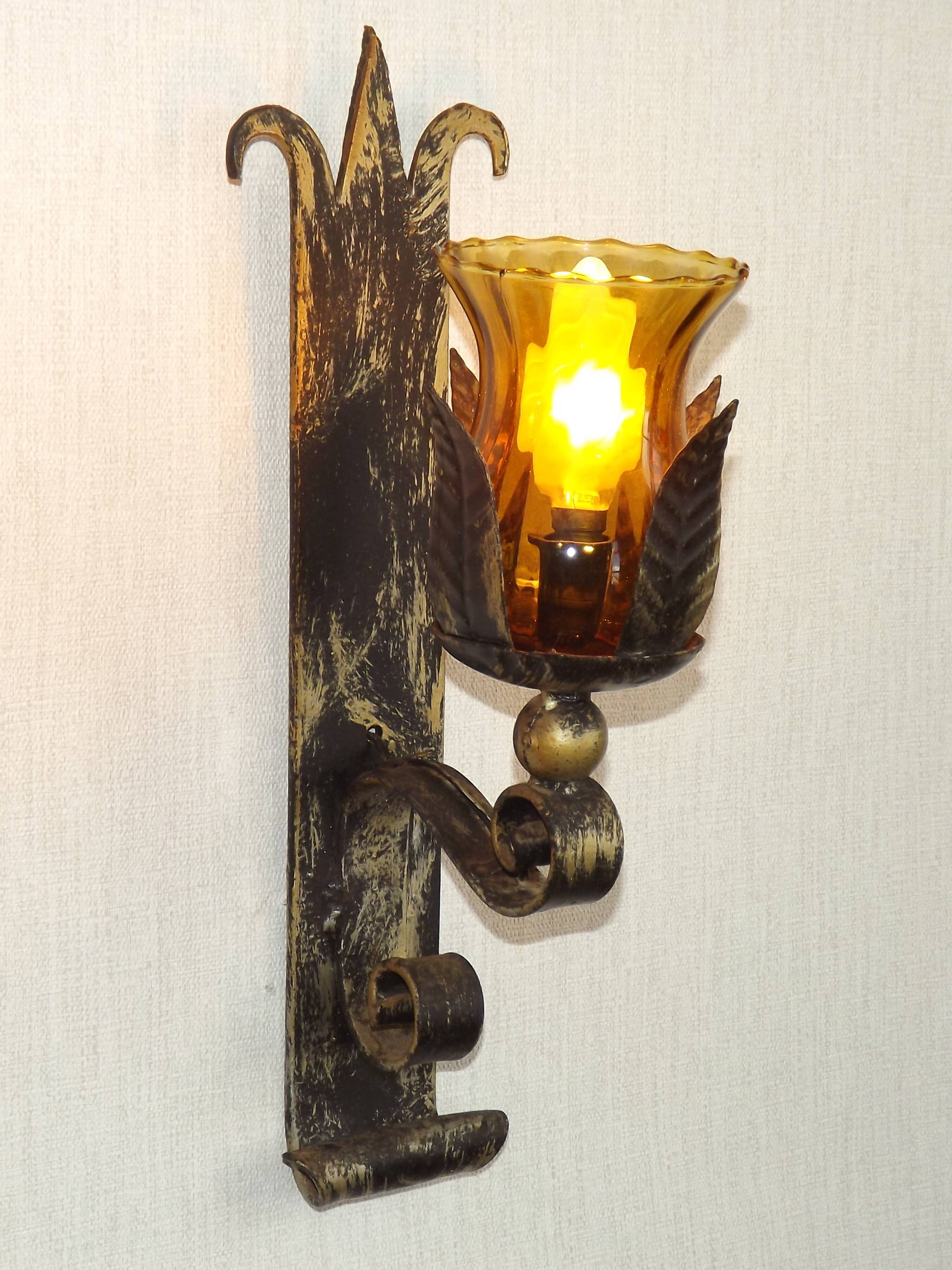 Pair Hand Forged Wrought Iron Medieval Style Wall Lights Amber Glass Shades