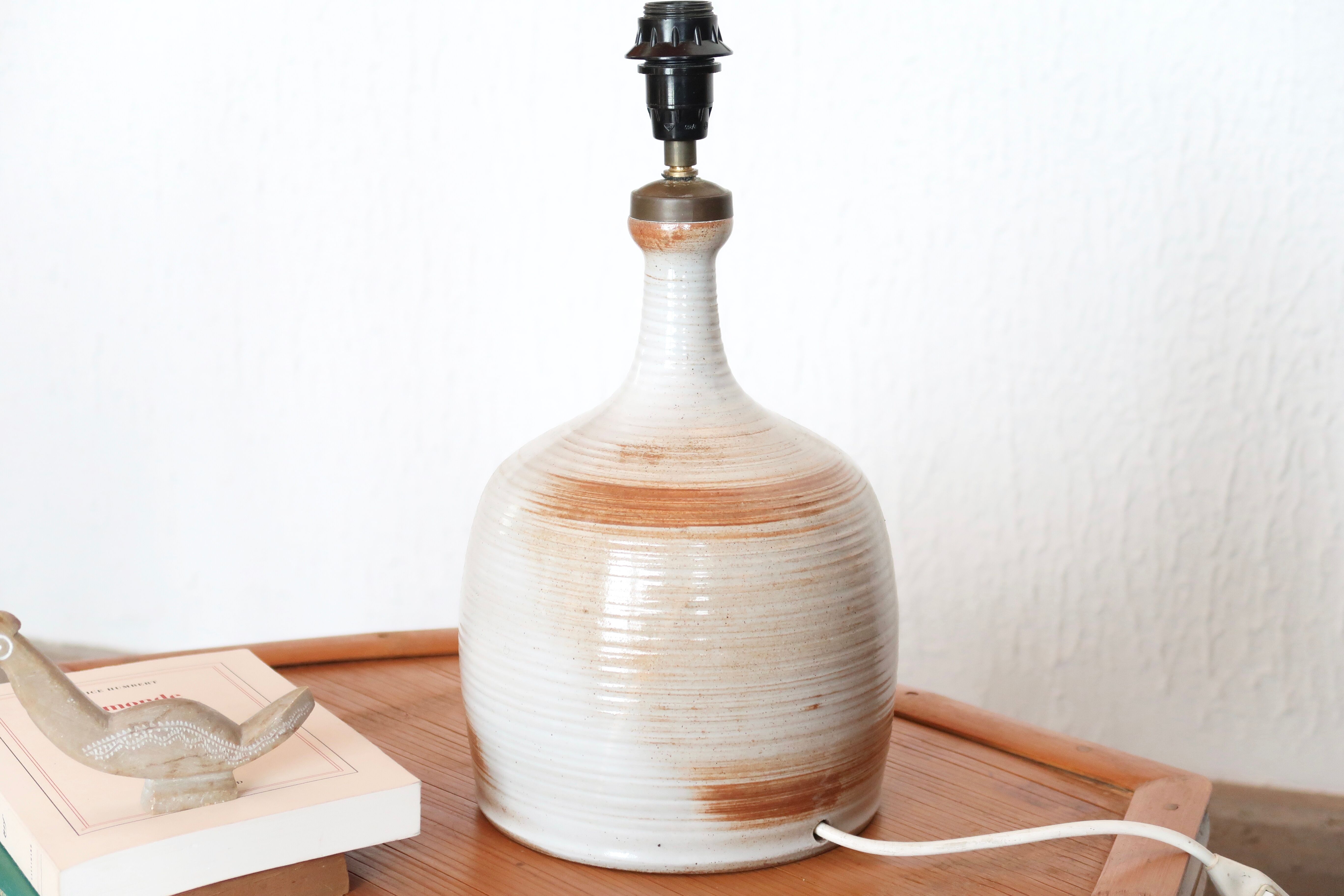 Lampe Grès du Marais, raffia lampshade, 60s