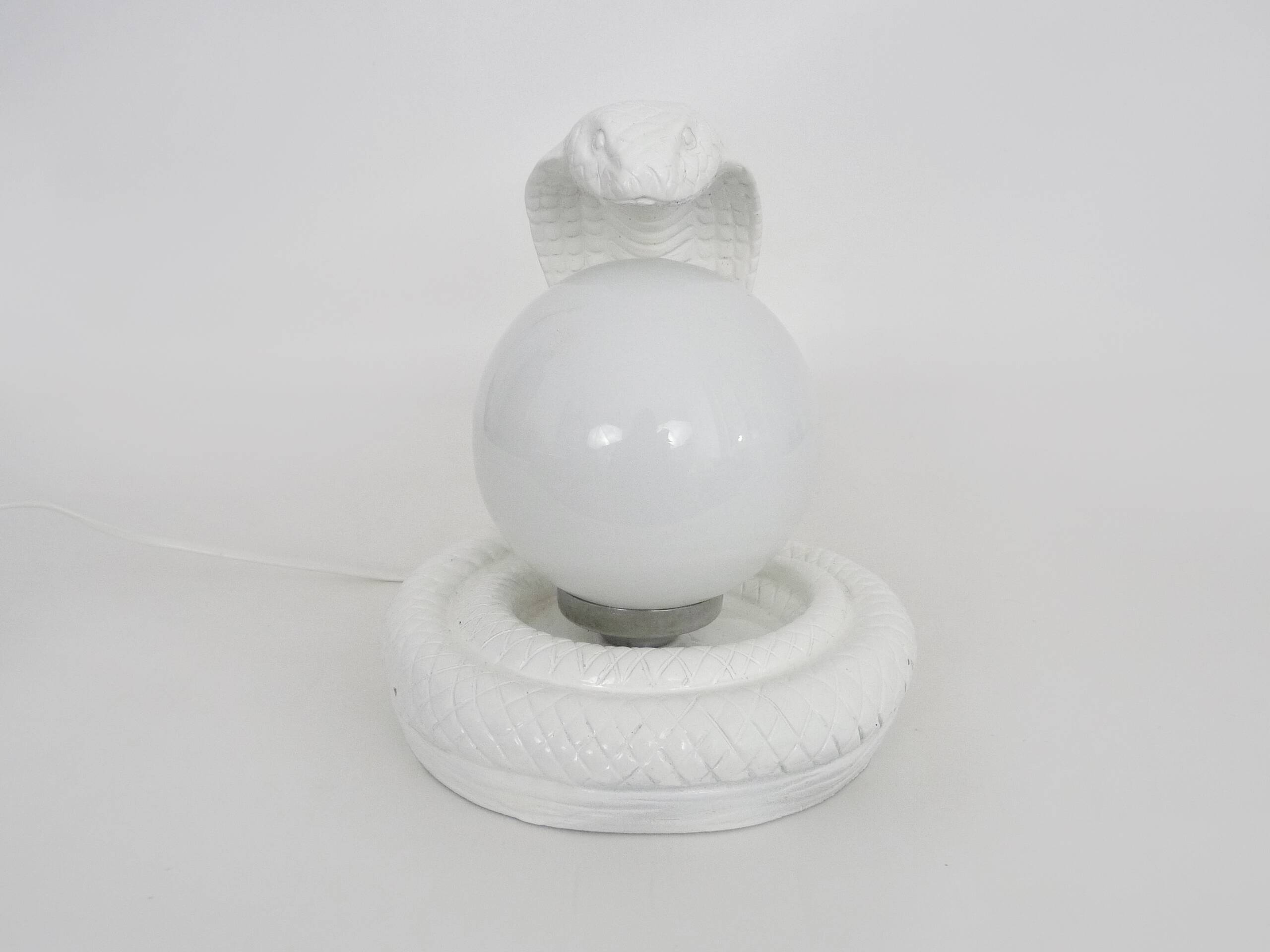 Vintage White Cobra Snake Lamp in Ceramic and opaline globe. 80 years