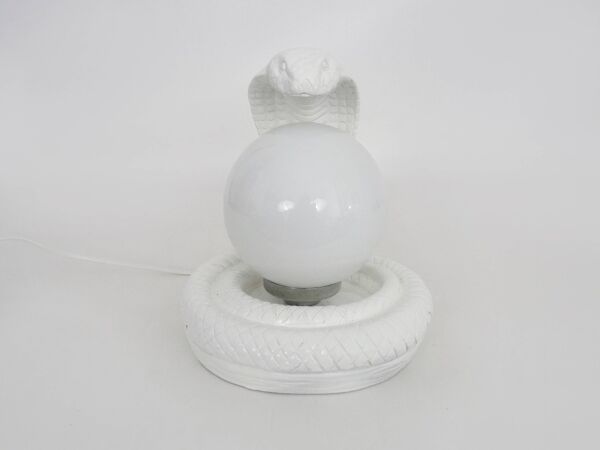 Lampe Serpent cobra Blanche Vintage en Céramique et globe opaline. Années 80