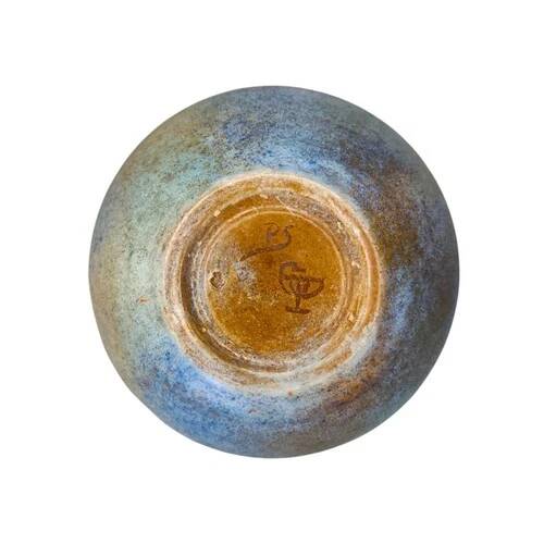 Studio ceramic vase from France circa 1960, blue-brown marbled, signed, 24 cm.