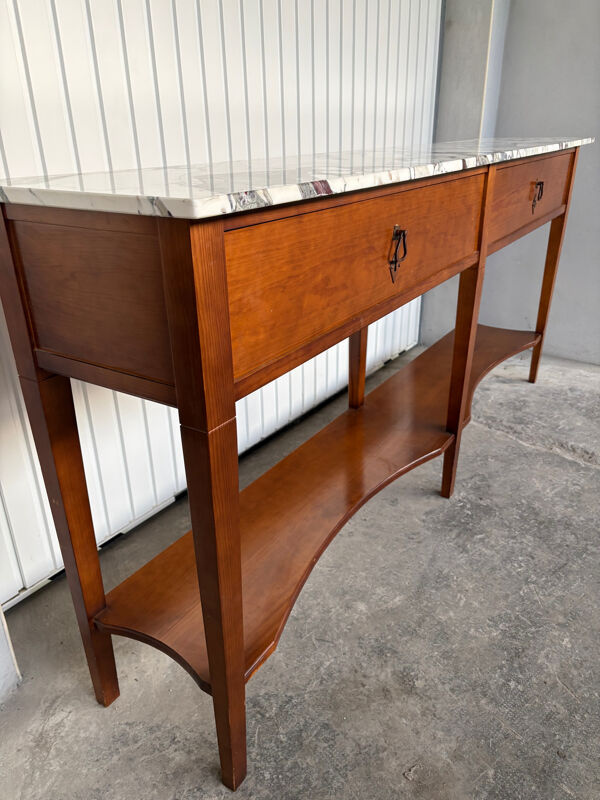Grande console en marbre Calacatta Viola & merisier massif