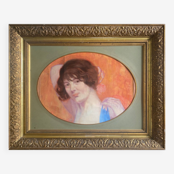 Tableau HST/P "Portrait de femme à la rose" Art déco, vers 1930 + cadre