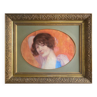 Tableau HST/P "Portrait de femme à la rose" Art déco, vers 1930 + cadre