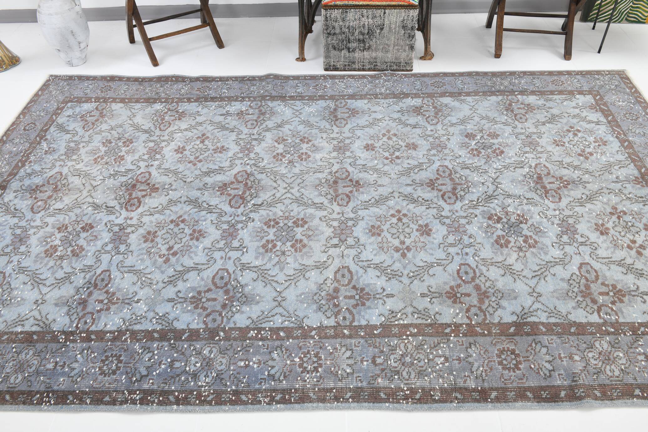 6x10 Rug For Living Room Bordered Blue Turkish Vintage Area Rug, 184x301Cm SK 1512