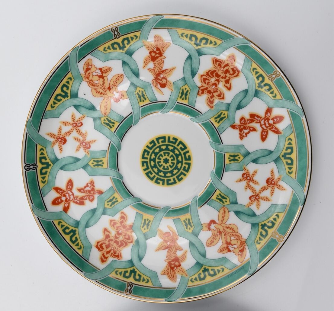 2 cups Christofle Oceana Green Ginkgo porcelain