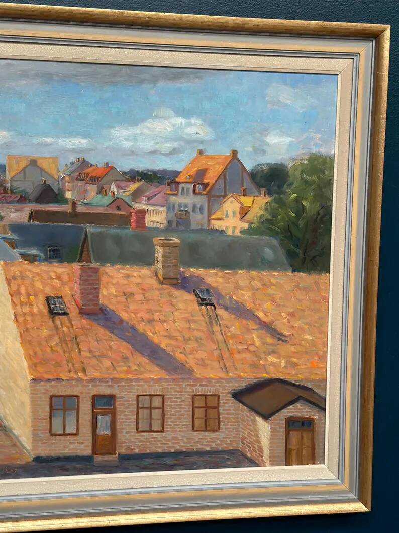 Large Original Swedish Oil on Panel – "Urban Landscape" by Wilhelm Matton – Signed – Dated 1947 – Framed – 83 × 73 cm (32.7 in × 28.7 in)