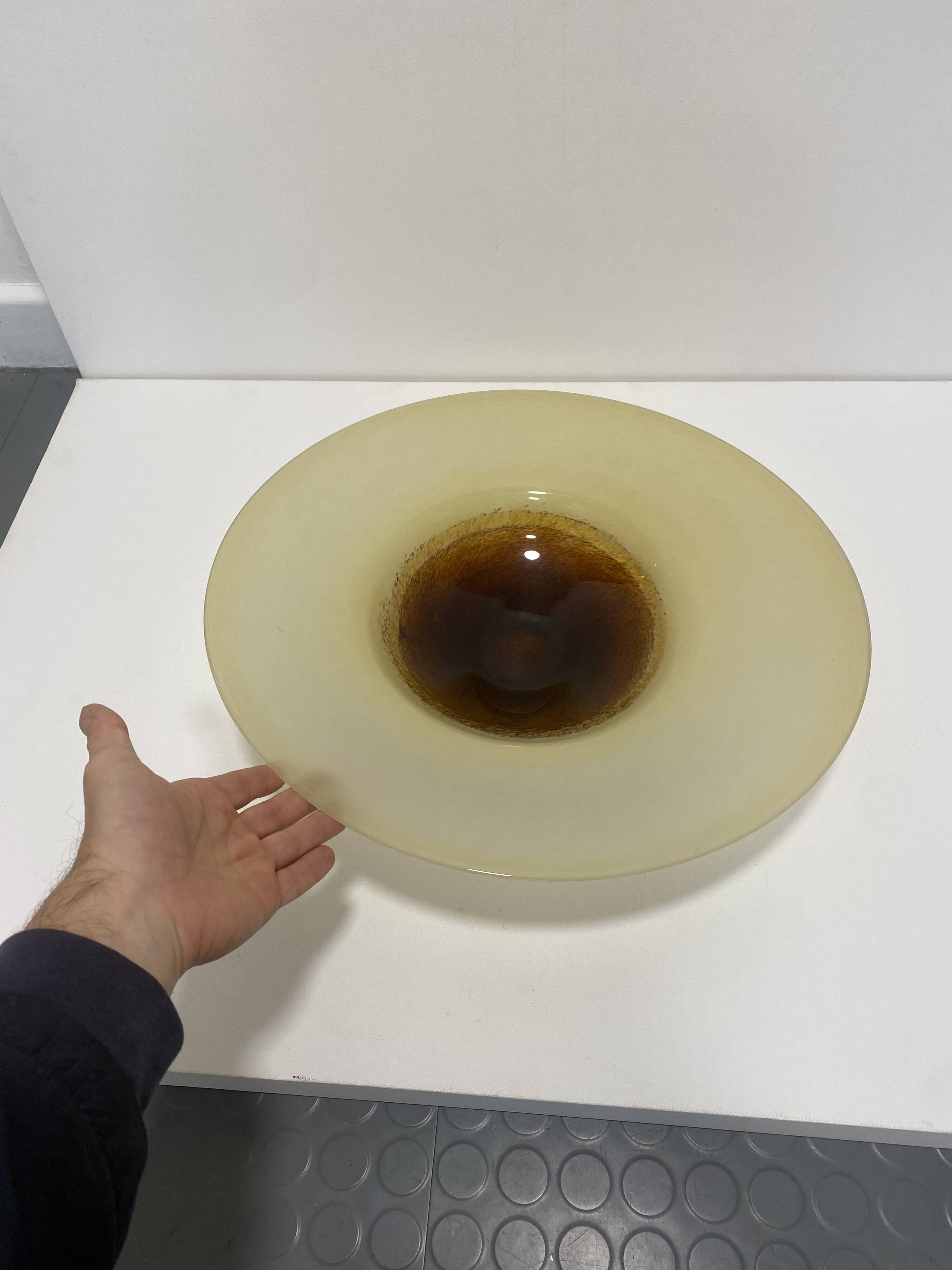 XL Murano Glass Round Fruit Bowl Table Plate Yellow Brown Italian Vintage