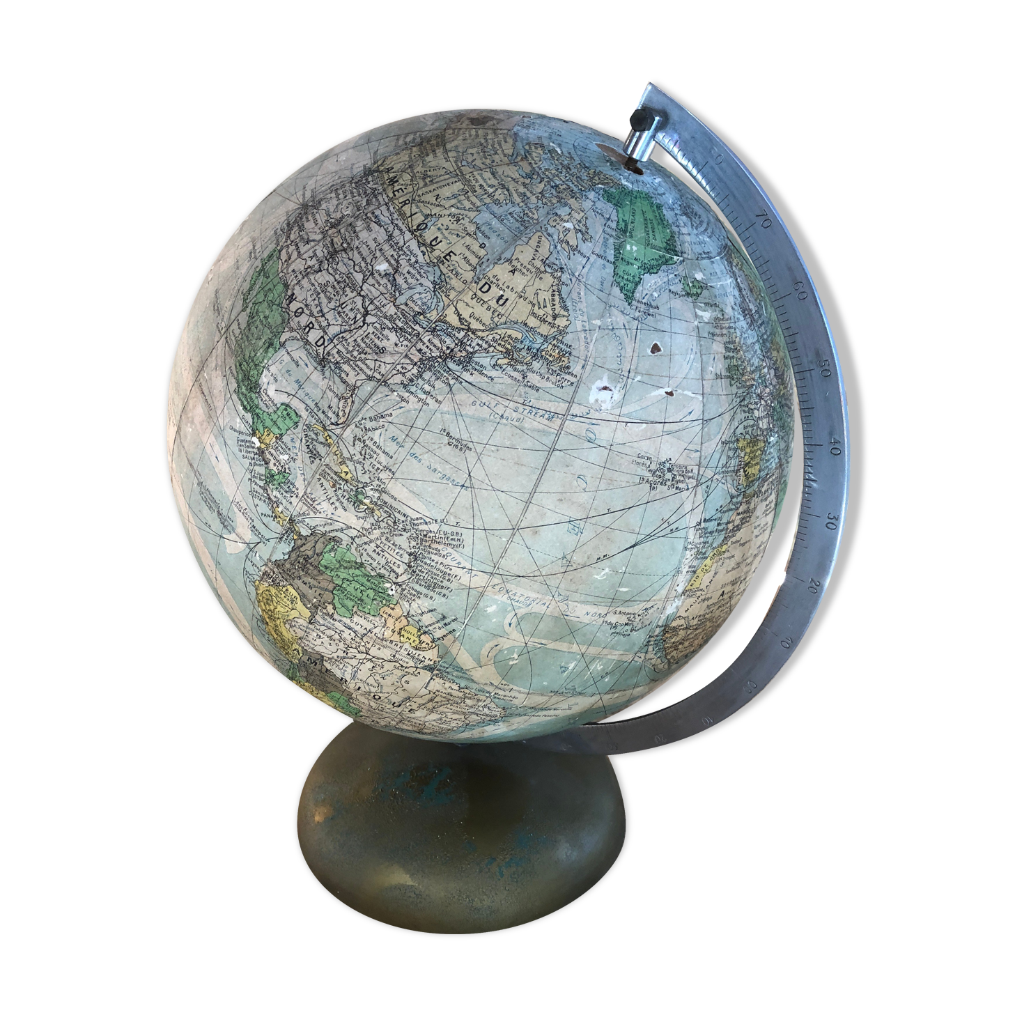 Old terrestrial globe world map perrina paris glass vintage metal foot
