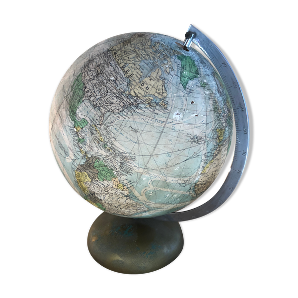 Ancien globe terrestre mappemonde perrina paris verre pied métal vintage