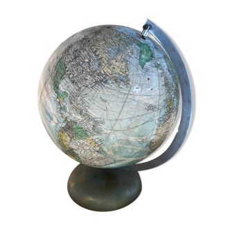 Old terrestrial globe world map perrina paris glass vintage metal foot