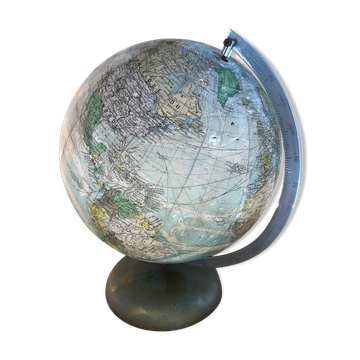 Ancien globe terrestre mappemonde perrina paris verre pied métal vintage