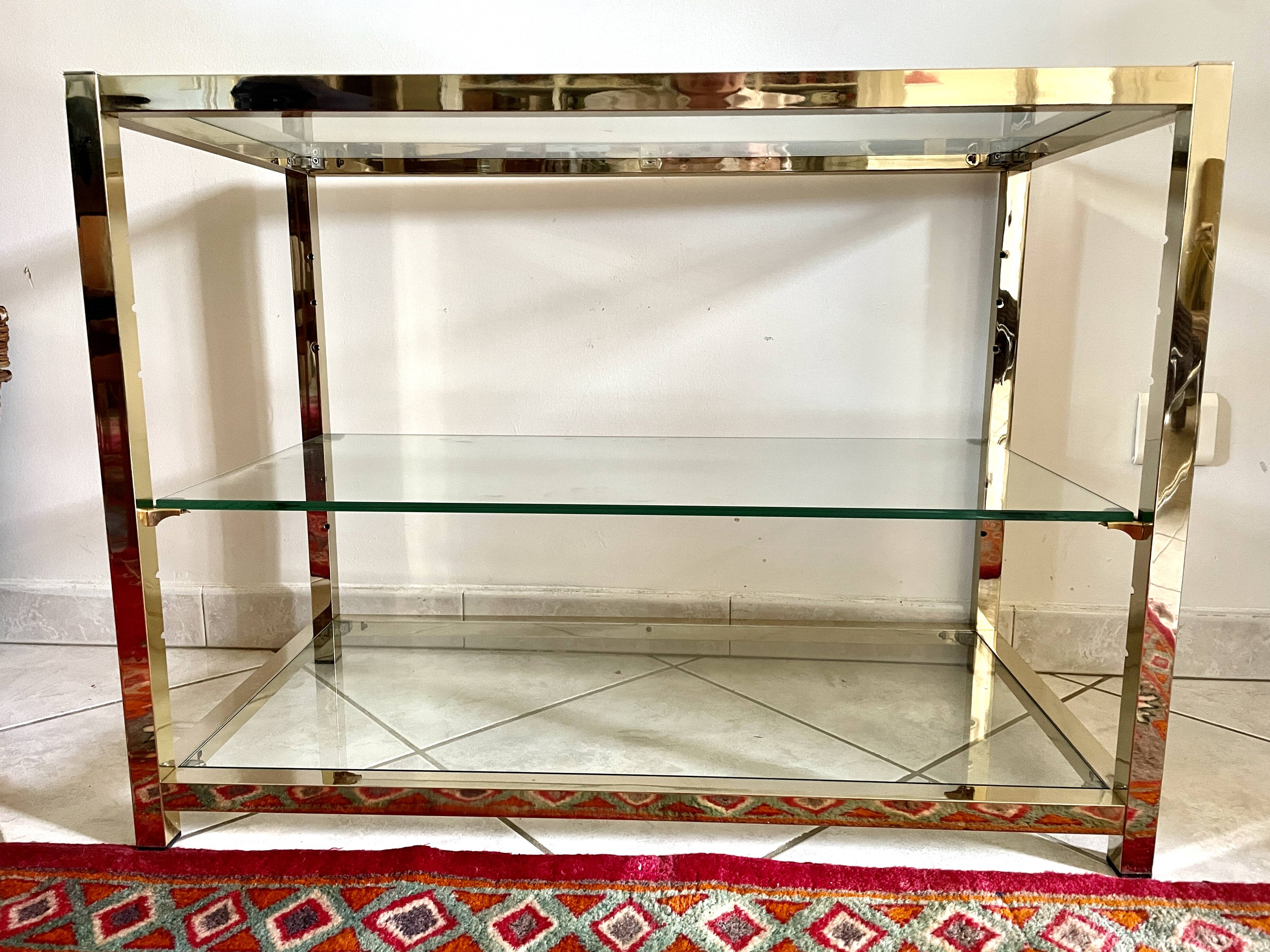 Coffee table with glass and gilded brass shelf France 1970