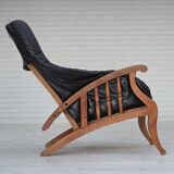 1950s, vintage adjustable armchair, black leather, ash wood.